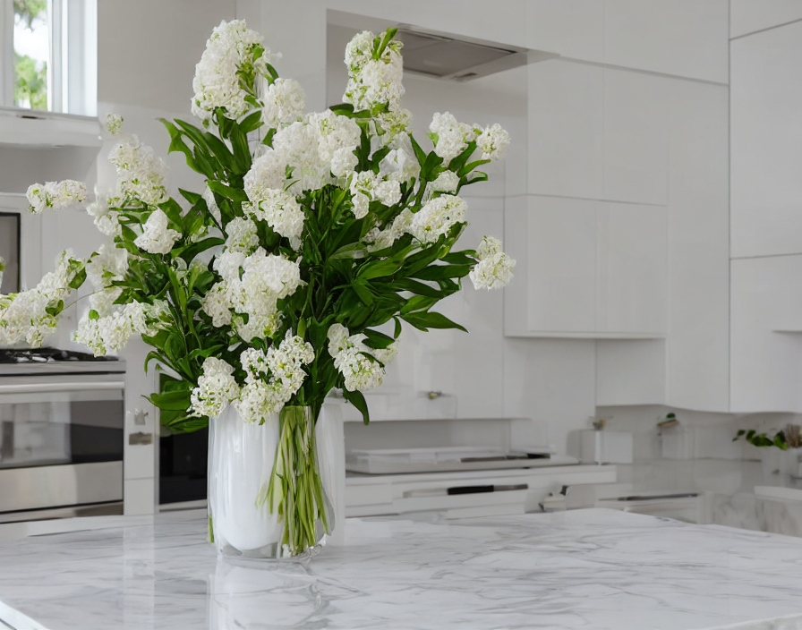 Spotless, freshly cleaned kitchen countertop with fresh flowers